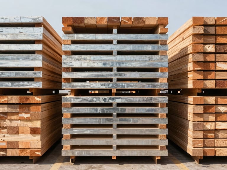 Straight-on view of premium lumber stacks and structural building materials in a bright warehouse, sharp focus, industrial setting.