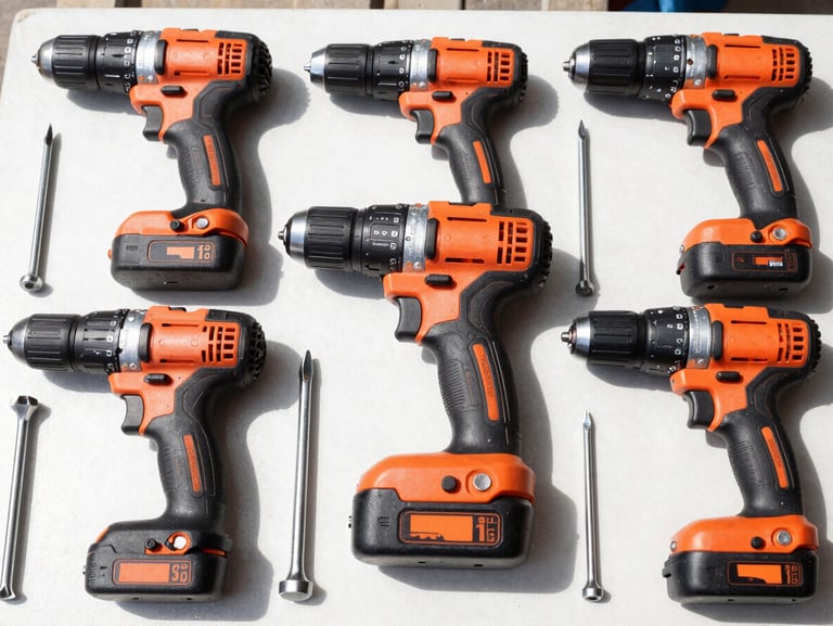 Top-down flat lay of professional-grade power drills and steel hand tools on a clean workbench, bright natural daylight, high contrast.