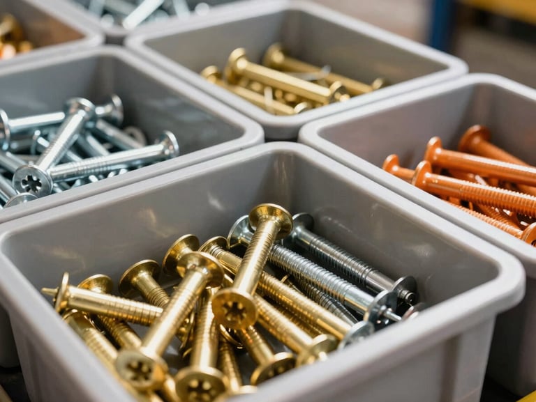 Close-up of organized bins containing heavy-duty brass and steel commercial fasteners, bright warehouse lighting, sharp focus.