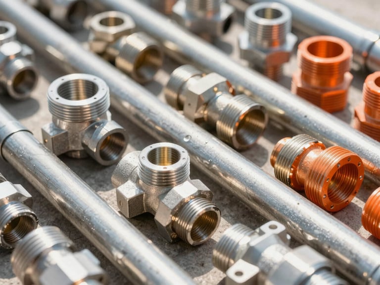 Clean industrial photography of commercial plumbing fittings and electrical conduits, high-key lighting, sharp focus.