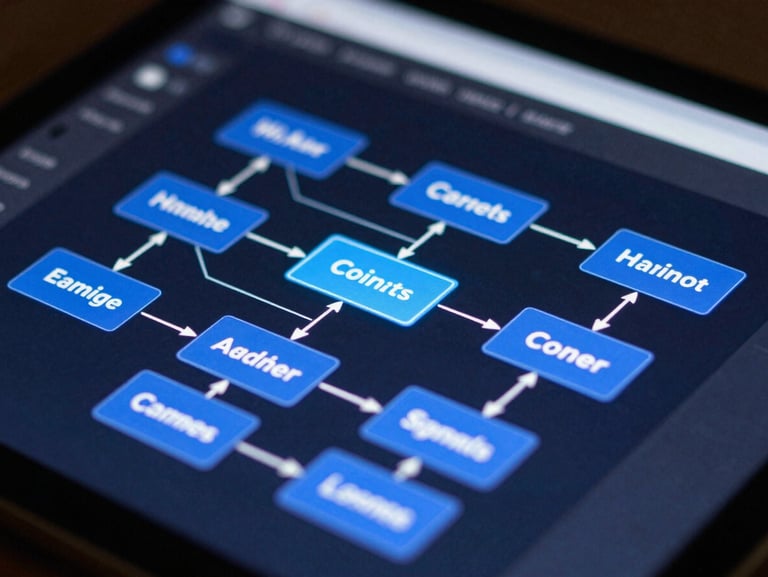 Macro close-up of custom software architecture diagram glowing on a dark tablet screen, cool-toned lighting