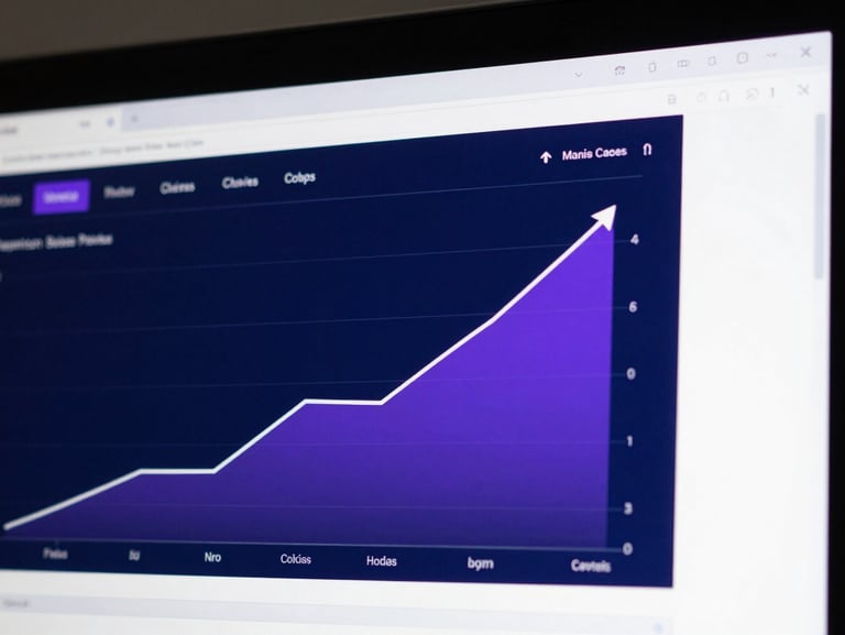 Close-up macro shot of a clean web browser showing an analytics dashboard with a sharp upward growth curve, deep indigo interface, crisp studio lighting.