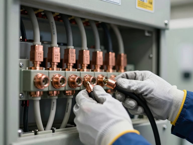 Tight detail shot of an engineer's gloved hands connecting heavy electrical cables at a distribution panel inside an industrial substation, clean studio-quality light from above, copper terminals and cable markings in sharp focus, shallow depth of field, precise and mechanical