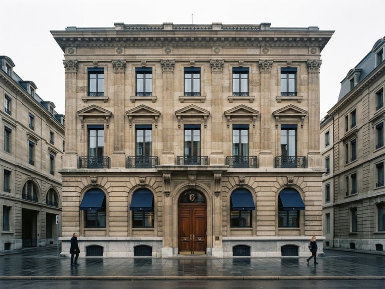 Quiet symmetrical view of a classical stone facade in Geneva banking quarter, soft overcast Swiss daylight, deep navy shadows, 35mm