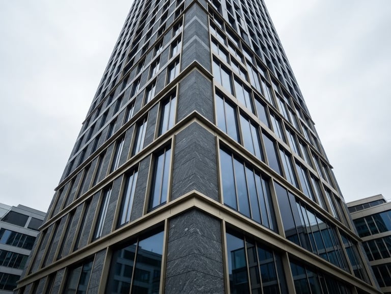 Low-angle architectural crop of a modern stone and glass building in Zug financial district, cool diffused overcast daylight, sharp focus, 35mm