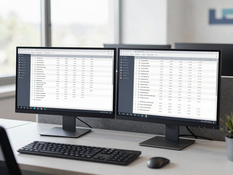 A clean, modern corporate trade desk in Barcelona with dual monitors showing logistics allocation lists, cool slate-gray tones, bright natural window light.