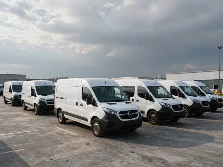 High-end commercial fleet of white transport vans parked in a perfect diagonal row on a concrete staging area under cold morning sun, wide-angle heroic framing, industrial editorial photography.