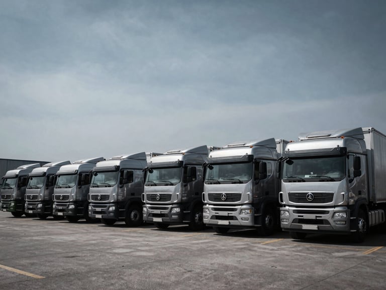 A row of newly manufactured commercial transport trucks parked at a logistics depot, high-contrast industrial lighting, desaturated steel tones, wide-angle framing.