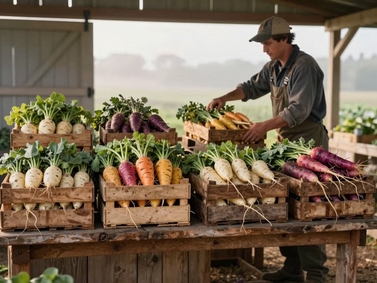 Environmental wide shot of a small CSA farm stand at early morning, wooden crates of mixed root vegetables arranged on a rough-hewn counter, a farmer in work clothes reaching to adjust a crate, soft diffuse morning light filtering through an open barn door, earthy textures throughout