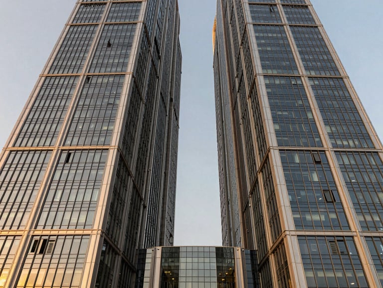 Symmetrical architectural shot of a modern glass commercial skyscraper facade, sharp geometric lines, steel mullions, golden hour reflection, New Cairo.