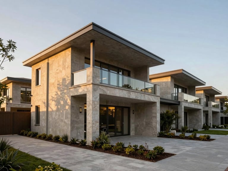 Premium architectural photography of modern low-rise residential pavilions, warm concrete and limestone finishes, manicured landscaping, twilight lighting.