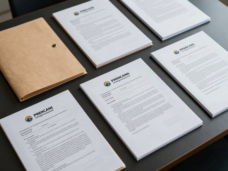Close overhead shot of organized property management documents on a dark desk, signed lease agreements and labeled folders neatly arranged, cool studio lighting from above, no hands or faces, purely administrative detail