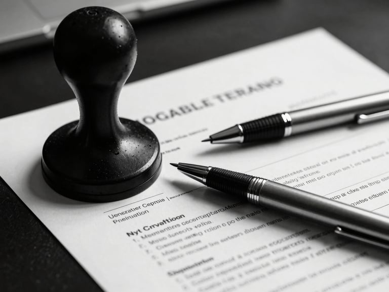Extreme close-up of a regulatory document on a dark desk, cool studio light catching the edge of a certification stamp, a precise mechanical pen resting beside the paper, shallow depth of field, high contrast monochrome tones