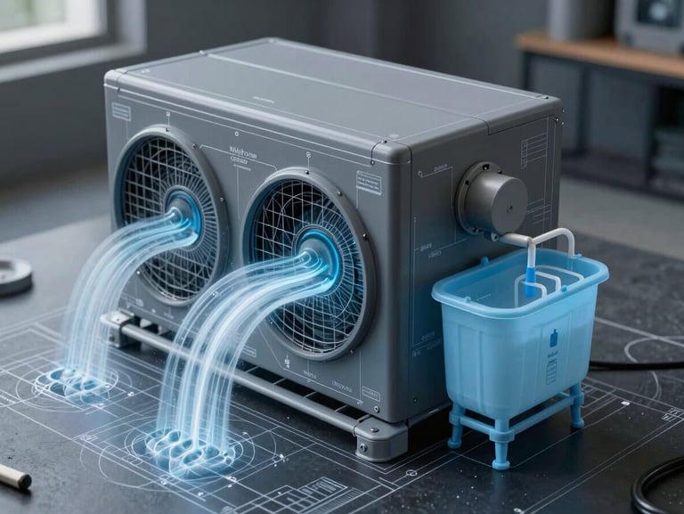 Technical schematic drawing of a cooling unit showing airflow and water reservoir, blueprint style, cool slate gray and ice blue lines on dark background.