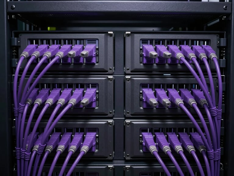 Symmetrical close-up shot of a dark server rack with neat, structured violet fiber optic cabling, low-key dramatic studio lighting