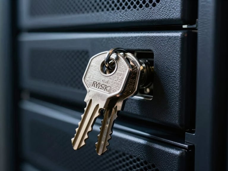 Macro shot of physical security keys inserted into a server rack, precise technical detailing, low-key cool-toned lighting, sharp focus on metallic textures.