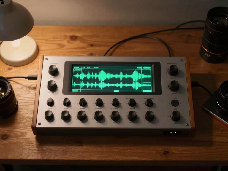Top-down view of a classic 12-bit sampler on a cluttered wooden desk, glowing green LCD screen displaying waveform data, warm desk lamp lighting.