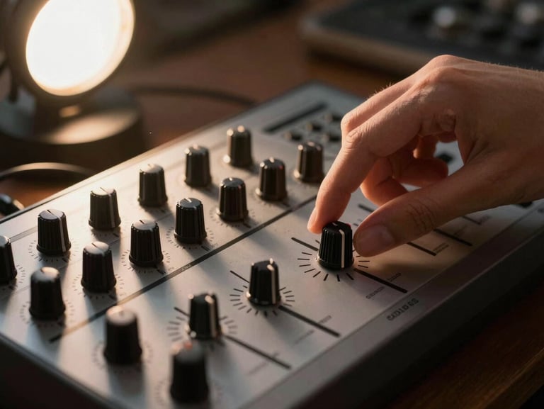 Close-up of a classic 16-pad drum machine, fingers adjusting the master volume knob, warm desk lamp lighting
