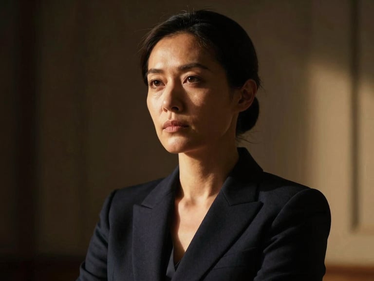 High-contrast portrait of a professional female lawyer in a dark navy blazer, serious expression, dramatic low-key side-lighting, warm gold tones, shallow depth of field, 35mm