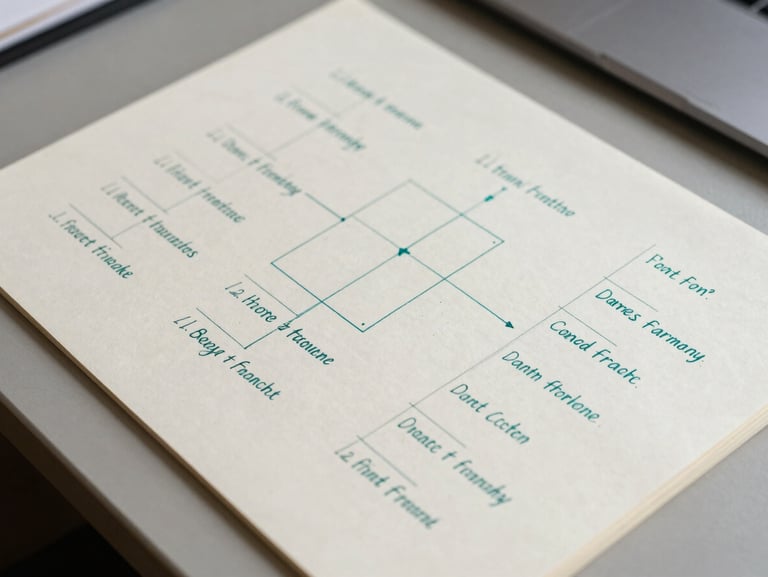 Overhead desk study of a structured English grammar pattern diagram, hand-drawn teal annotations on ivory paper, sharp north-facing daylight, minimalist aesthetic