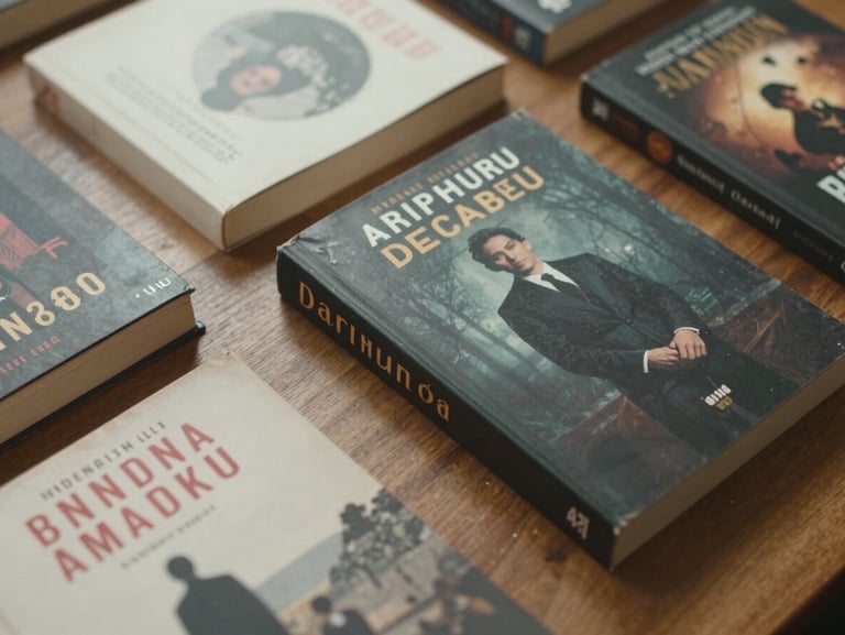 Close-up overhead of several Indonesian fiction books arranged on a warm wooden desk, novel covers visible, natural side light, paper texture and binding detail prominent