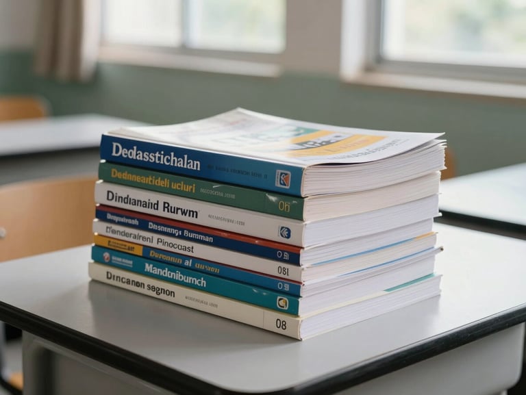 Stack of Indonesian educational textbooks and reference volumes on a classroom desk, spines facing up, natural window light, clean institutional setting, no people