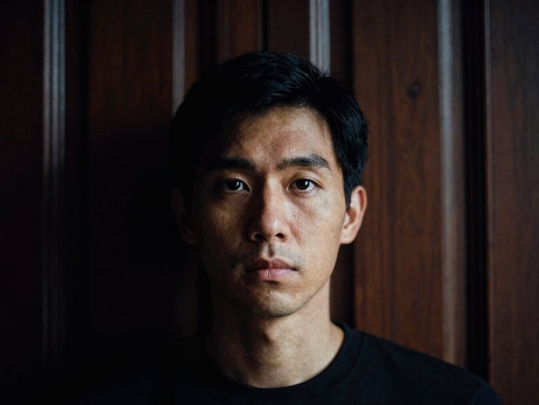 Close-up portrait of a designer with a focused expression, low-key dramatic side-lighting, dark wood paneled background, high contrast, 35mm film