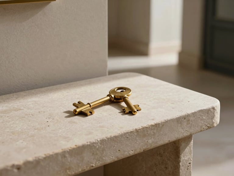 Elegant brass keys resting on a light stone console table in a minimalist Parisian hallway, soft diffused morning light, architectural shadow.