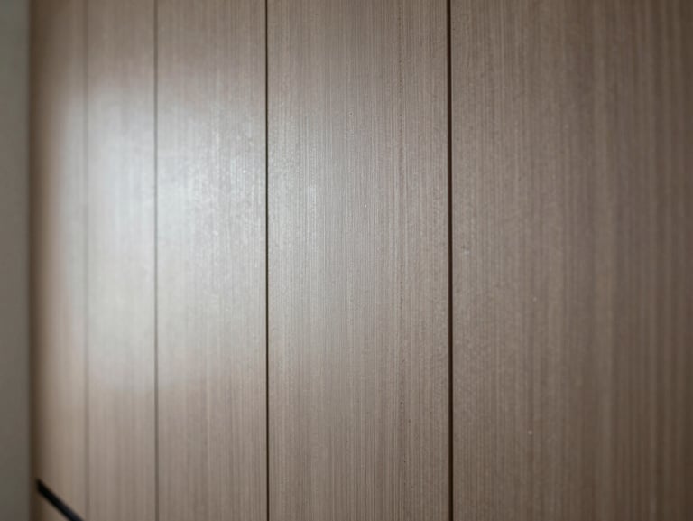 Straight-on architectural detail shot of a custom-fitted wall panel system in a Selangor residence, soft natural light highlighting the seamless joins.