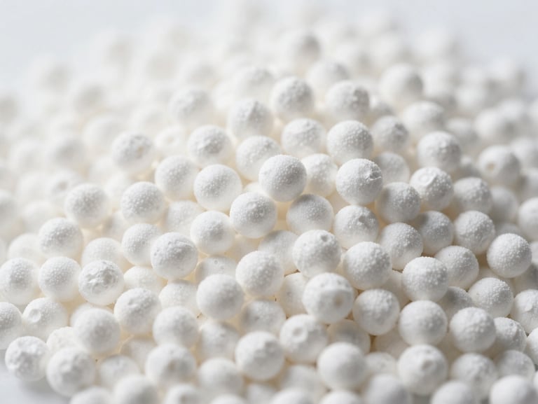 Macro technical shot of pure white urea 46% granules, perfectly uniform spherical shape, clean laboratory lighting, shallow depth of field.