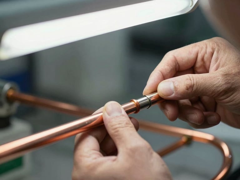 Close-up of a technician's hands using professional tools to secure clean copper pipework under bright utility lighting, focusing on precision.