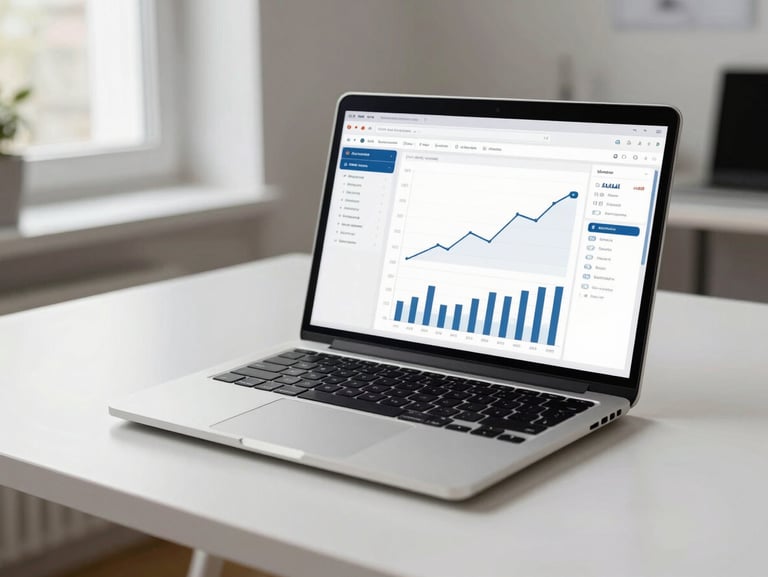 Wide analytics dashboard on a laptop screen placed on a clean white desk, showing traffic and conversion charts with upward trend lines, natural window light from the left, shallow depth of field, Finnish studio setting