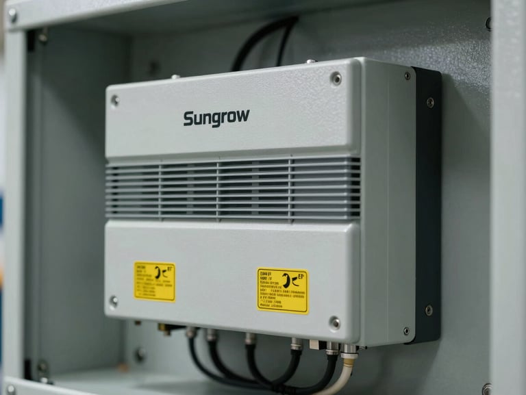 Close-up of a heavy-duty industrial Sungrow inverter mounted on a clean, professionally wired electrical panel with neat conduits and safety labels