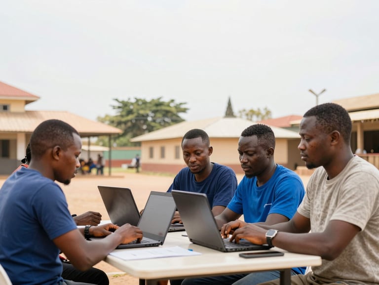 Bright open-air community center in Bouaké, local leaders collaborating around a table with laptops, warm natural daylight, 35mm