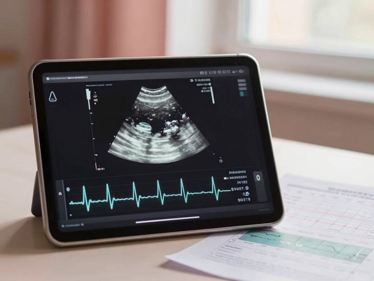 A clinical tablet displaying a fetal heart rate ultrasound graph and maternal blood pressure charts, warm soft lighting