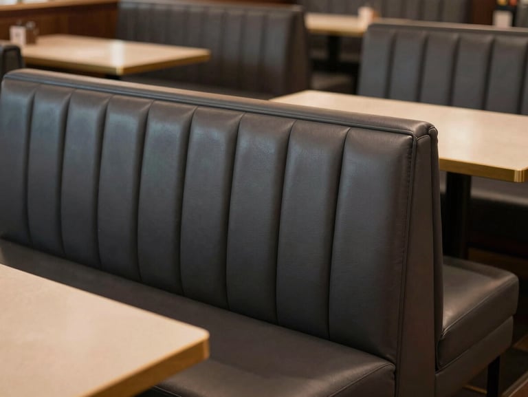 Empty restaurant booth with charcoal vinyl banquette seating, clean stitching visible along the back panel, warm interior lighting, tables set but no diners, no people