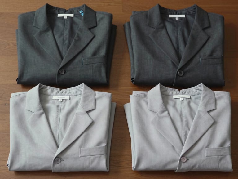 Overhead flat-lay of neatly folded hotel front-desk and housekeeping uniforms stacked in two columns — one stack of pressed charcoal waistcoats, one of pale grey housekeeping tunics — bright even daylight, sharp fabric weave visible, no people