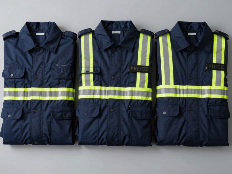 Overhead flat-lay of finished security guard uniforms — deep navy shirts and high-visibility reflective-stripe jackets folded in clean parallel stacks on a light grey surface, bright studio light, close detail on reinforced shoulder seams and reflective tape, no people