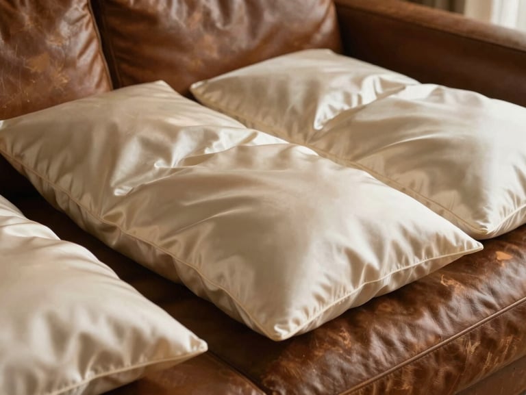 Close-up of wild silk pillow covers arranged on a worn brown leather sofa, warm low-angle sunlight catching the organic slubs