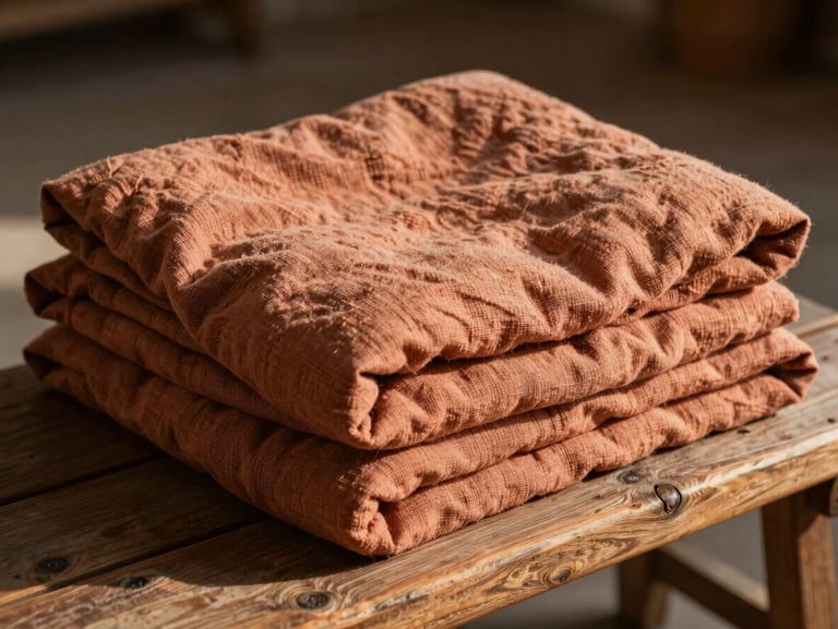 A heavy terracotta linen quilt folded naturally on a rustic wooden bench, deep shadows showcasing the coarse weave, side-lit by warm afternoon sun