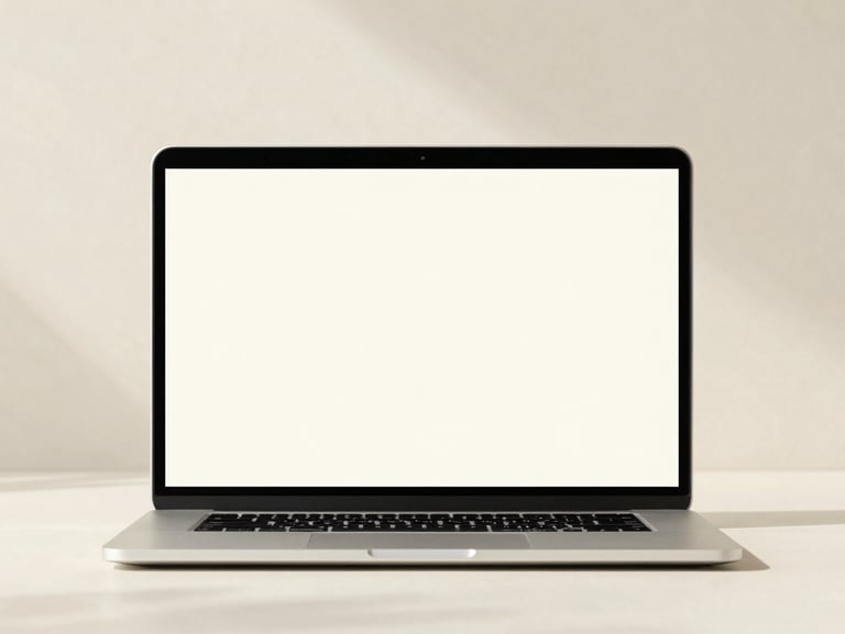 Clean digital mockup of a brand narrative campaign on a laptop, warm cream background, soft natural shadows.