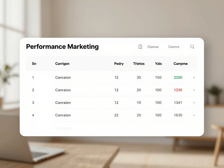 Clean digital mockup of a performance marketing dashboard showing campaign metrics, soft diffused daylight, warm neutral tones.