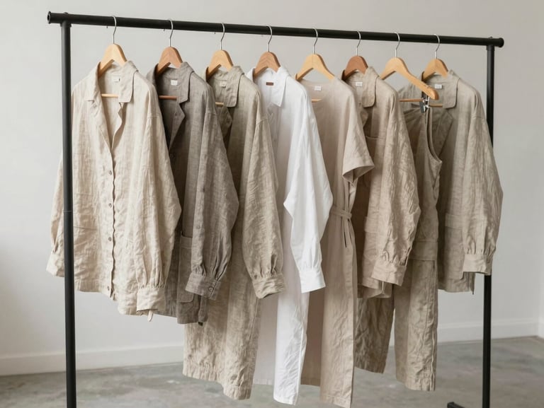 A rack of neutral-toned linen and soft cotton garments hanging in a bright, minimalist studio space with concrete floors and soft natural lighting.