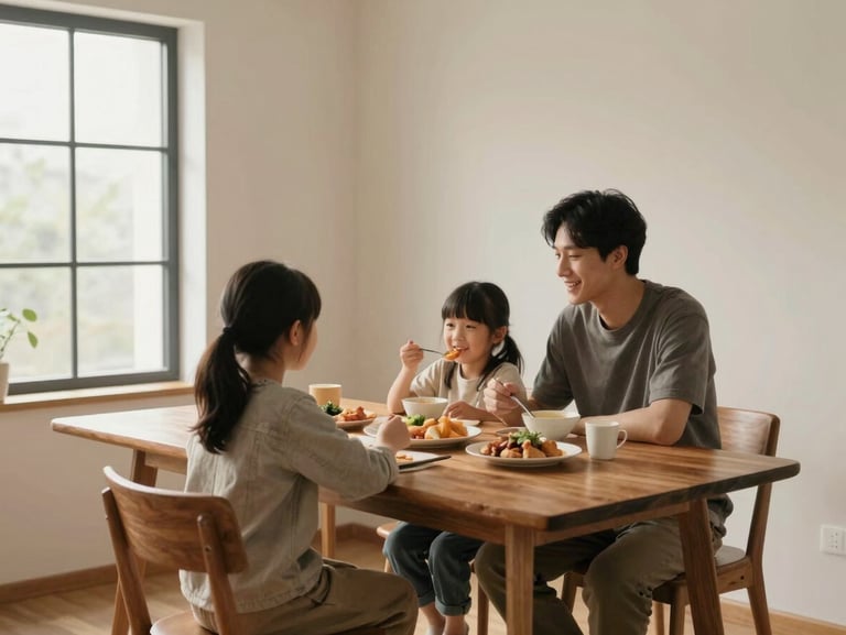 Cozy family dining area with warm wooden table, soft light from a side window, minimal clean design.