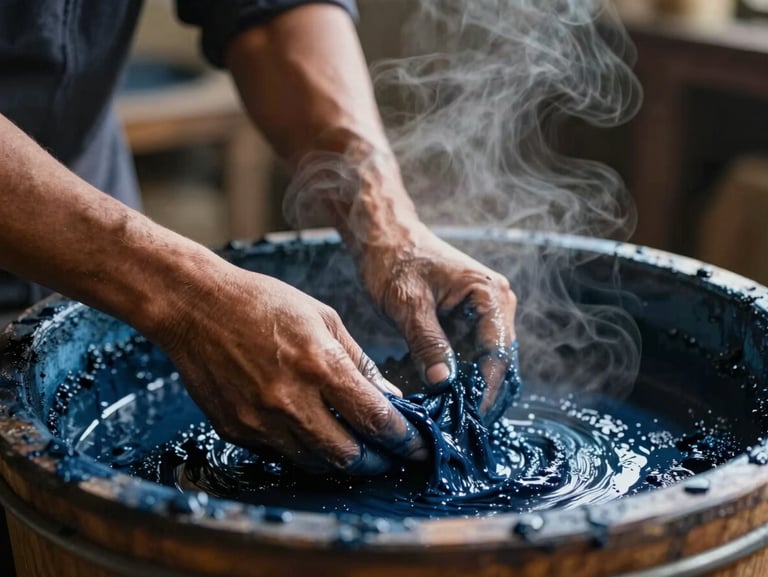 Extreme close-up of hands working with natural indigo dye in a wooden vat, steam rising, dark moody interior workshop lighting.