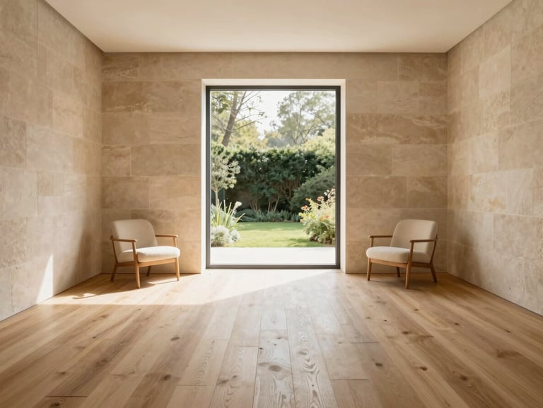 Minimalist living room with natural oak floors, warm stone walls, large window showing garden, soft daylight, elegant furniture