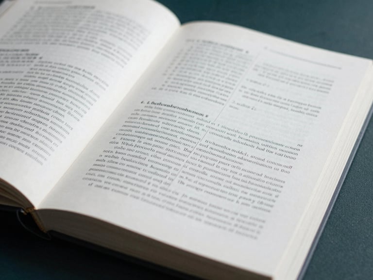 Macro shot of open book pages showing structured non-fiction layout with elegant sidebars, clear page numbers, and wide margins