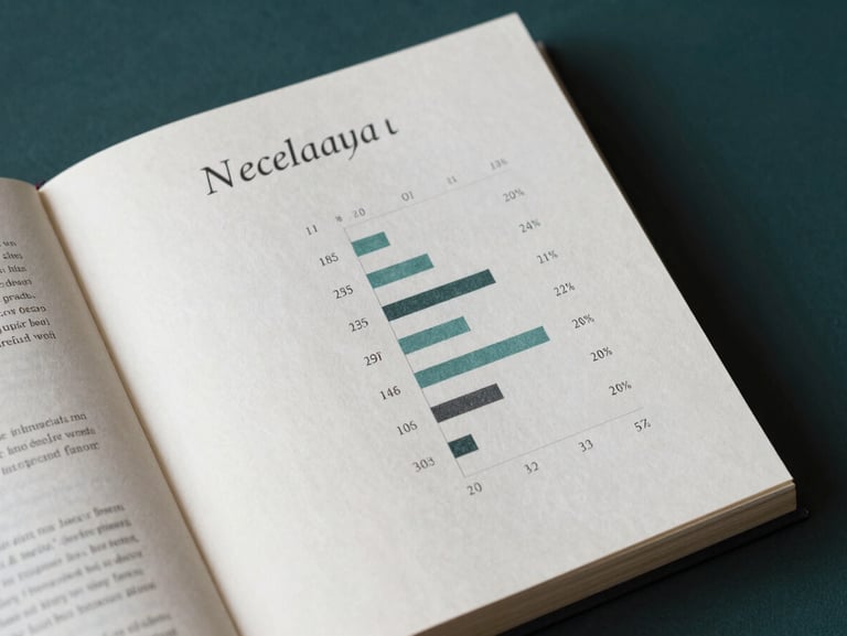Overhead clean flat-lay of an open book showing a beautifully formatted minimalist data chart on textured paper, elegant serif headers