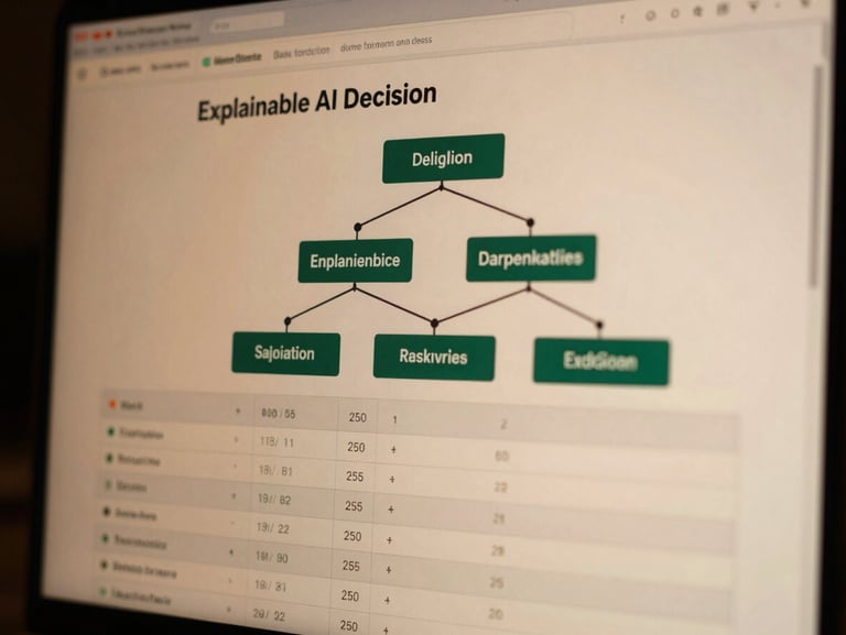 Macro close-up of a high-fidelity financial UI showing explainable AI decision trees, structured data tables with highlighted risk vectors, low-key amber lighting