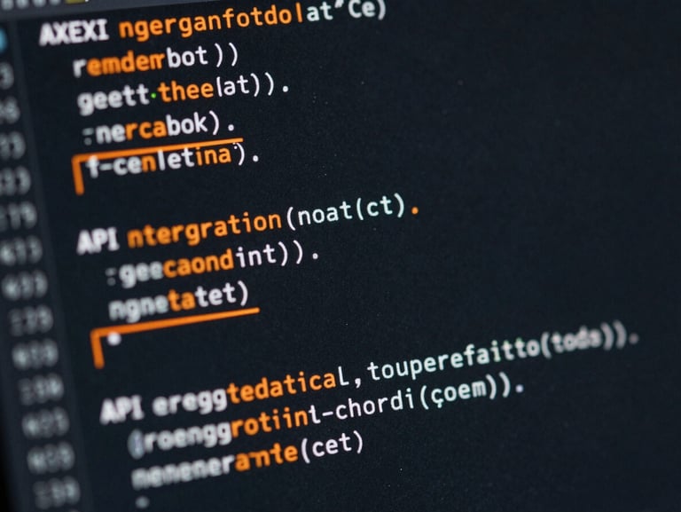 Macro close-up of a clean dark-mode code block showing API integration with orange highlight lines, sharp focus, low-key lighting